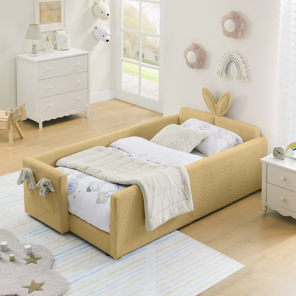 English Elm Twin Boucle Upholstered Kids Bed with Rabbit Ear Headboard Safety Rail and Side Pocket W1413P410784