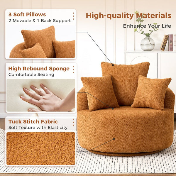 English Elm 360° Swivel Accent Barrel Chair with 3 Removable Pillows, High-Resilience Foam, Ergonomic Curved Back, Orange - Durable Stylish Seat W2231P261424