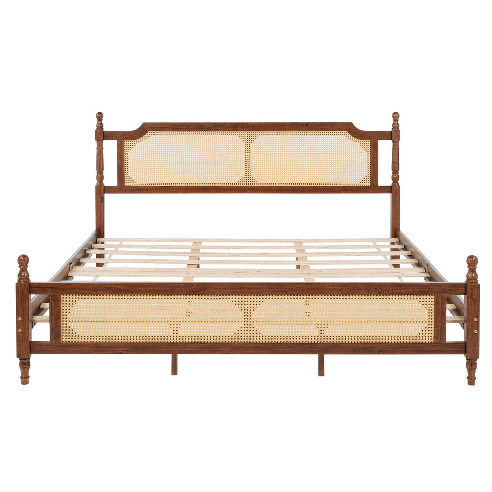 English Elm King Pine Rattan Bed Walnut — Classic Pine Wood King Bed with Rattan Headboard & Footboard, 500lb Capacity W504P269835