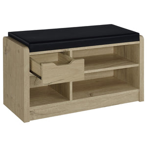English Elm Astor Smoked Finish Entryway Bench with Drawer Open Shelving and Faux Leather Seat White Oak B062P440254