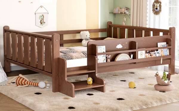 English Elm Twin Pine Floor Bed for Kids with Side Bookcases Built-in Stairs and Safety Guardrails Natural W1580P390225