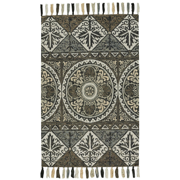 Capel Rugs Gypsy-shaman Hand-tufted Wool Rug With Floral Medallion Design & Eclectic Fringe For Any Room Grahpite, Tan 100% Wool 2585rs03060506385