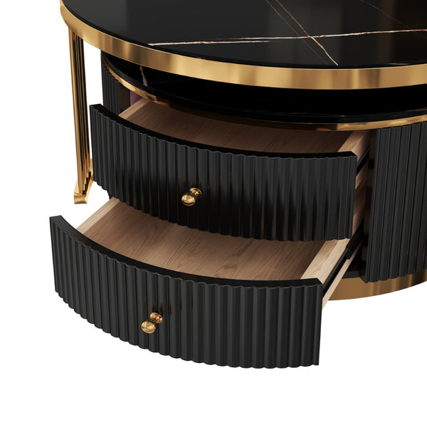 English Elm Modern Round Nesting Coffee Table Set with Gold Pedestal Legs and Storage Drawers Black N735P349323B