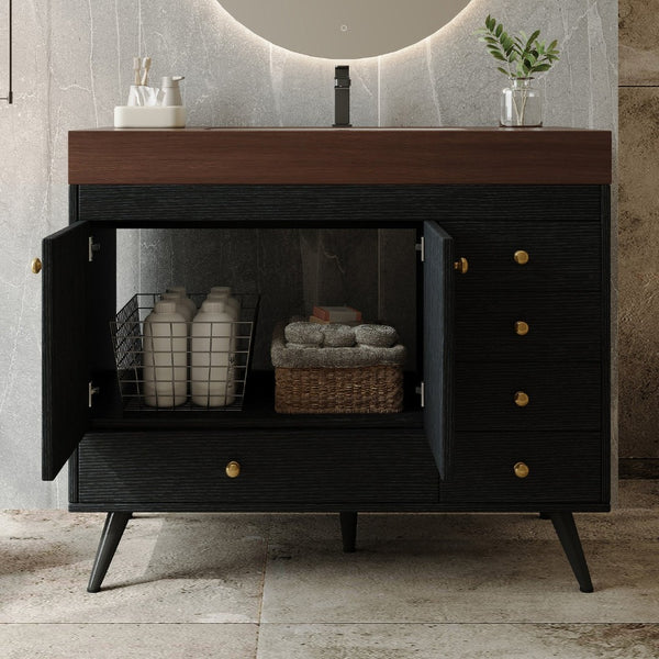 English Elm 36" Freestanding Bathroom Vanity Sintered Stone Top Ceramic Sink Stainless Steel Legs Black,Gold,Walnut,White W3136S00069