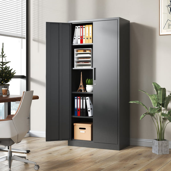 English Elm 72"H Metal Garage Storage Cabinet Black – Locking 3-Point Steel Cabinet with 4 Adjustable Shelves, Anti-Tip Safety T2398P152542