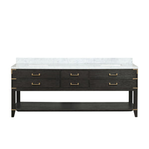 English Elm Black Oak Double Bath Vanity 84 in W x 22 in D with Carrara Marble Top, Solid Wood, Soft-Close Drawers B2731P261069