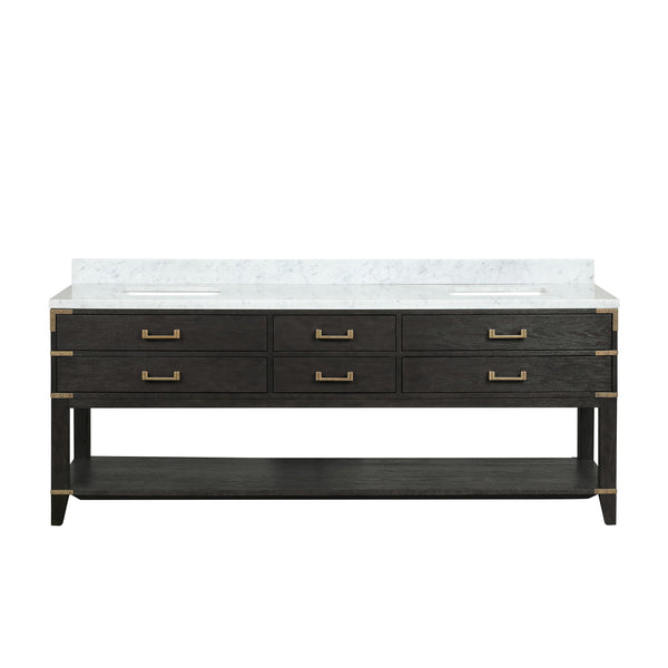 English Elm Black Oak Double Bath Vanity 84 in W x 22 in D with Carrara Marble Top, Solid Wood, Soft-Close Drawers B2731P261069