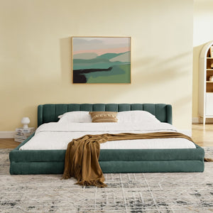English Elm King Platform Bed Full Chenille Upholstery Low Profile Frame for Modern Bedroom Blue+Green W487S00435