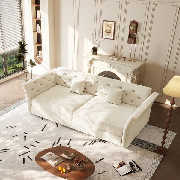 English Elm 74.4" Queen Velvet Sleeper Sofa Artisan Floral Tufted Cushions Converts for Guest Rooms Beige+White W1885S00304