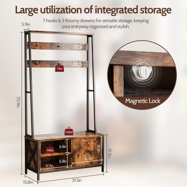 English Elm Hall Tree Entryway Organizer with Flip Shoe Cabinet Cushioned Bench and Industrial Wood Frame Brown+Black T5618P448215