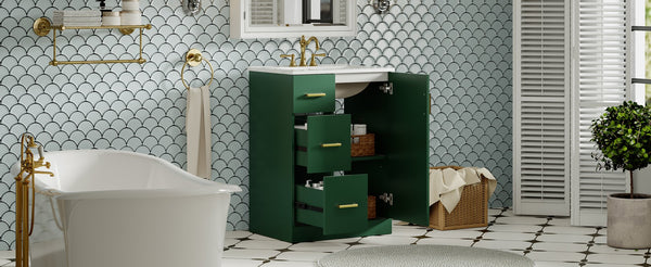 English Elm 24" Modern Bathroom Vanity with Under-Mount Sink, Vertical Stripe Design, 2 Drawers & Soft-Close Cabinet Green N710P288936F
