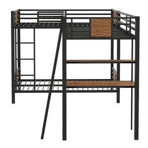 English Elm L-Shaped Twin Over Twin Bunk Bed with Loft Desk & Shelves, Brown Metal+MDF, Sturdy Sleep Solution GX001110AAD