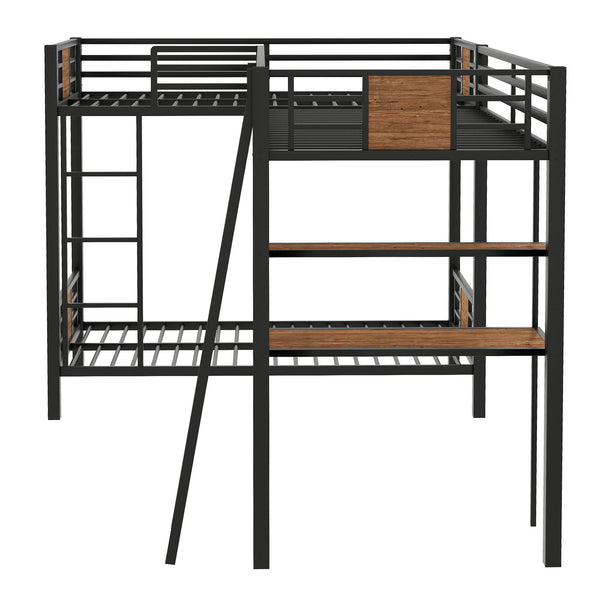 English Elm L-Shaped Twin Over Twin Bunk Bed with Loft Desk & Shelves, Brown Metal+MDF, Sturdy Sleep Solution GX001110AAD