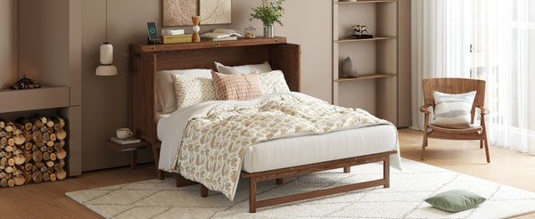 English Elm Queen Murphy Cabinet Bed Solid Pine Build with Usb Charging and Fold Out Desktop Walnut W504S00169