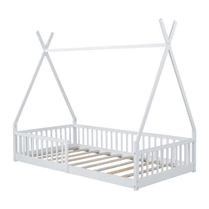 English Elm Twin House Bed with Roof and Fence for Kids – Sturdy Pine Frame, Vintage Wash Design, Safe Sleep Space White N709P183348K