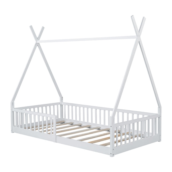 English Elm Twin House Bed with Roof and Fence for Kids – Sturdy Pine Frame, Vintage Wash Design, Safe Sleep Space White N709P183348K