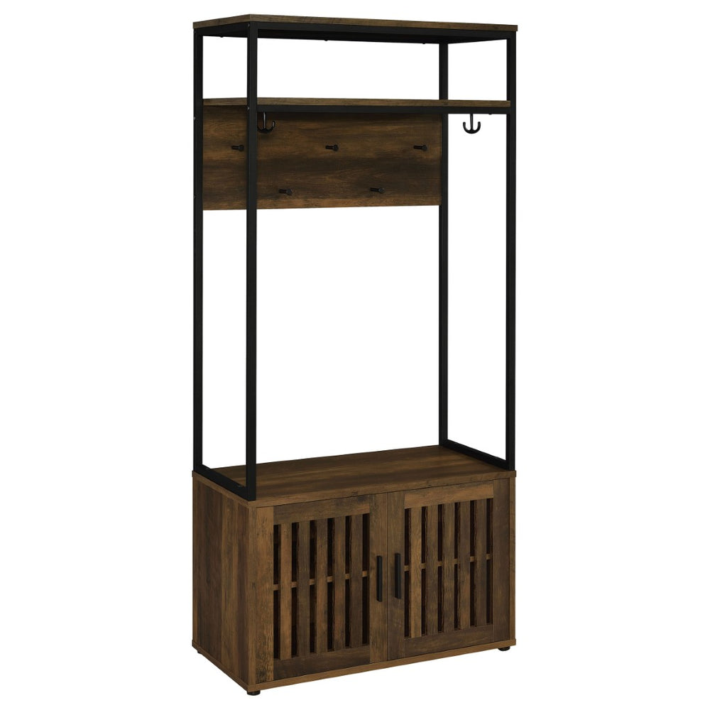 English Elm Flora Transitional Hall Tree with Seven Hooks Cabinet Shelves and Dark Pine Metal Frame B062P452017