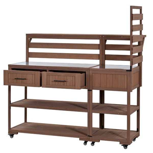 English Elm Topmax Modular Fir Wood Outdoor Kitchen Cart Stainless Steel Prep Station Brown N717P417963D