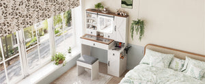 English Elm Farmhouse LED Vanity Desk with Sliding Mirror, Glass Top Storage, Built-In Charging Station & Stool White 37 L x 18.5 W x 13 H N733P340562K
