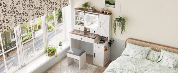 English Elm Farmhouse LED Vanity Desk with Sliding Mirror, Glass Top Storage, Built-In Charging Station & Stool White 37 L x 18.5 W x 13 H N733P340562K