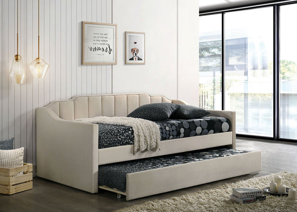 English Elm Contemporary Twin Size Daybed With Trundle, Channel Tufting, Upholstered Beige Finish For Versatility B2741S00481
