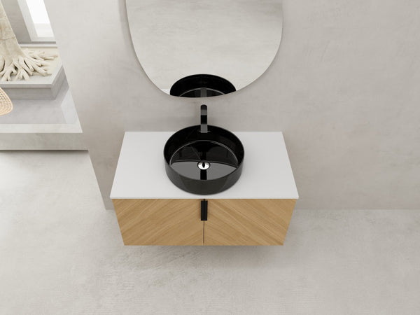English Elm 36" Modern Wall-Mounted Bathroom Vanity With Ceramic Vessel Sink & Soft-Close Doors, Light Oak Finish W999S00452
