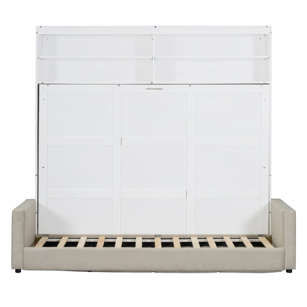 English Elm Queen Murphy Wall Bed with Linen Sofa for Studio and Small Space Living White LP000892AAK