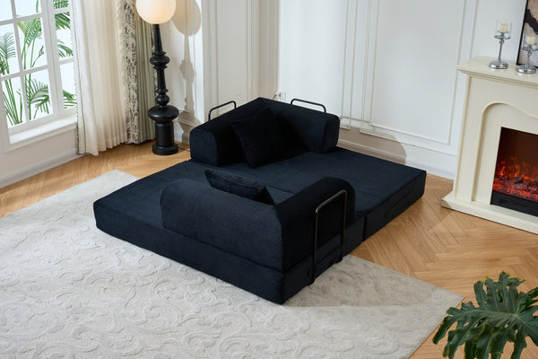 English Elm 59'' Corduroy Floor Sofa Convertible Sleeper with Bolster Pillow for Studio Living Black W3434P449858
