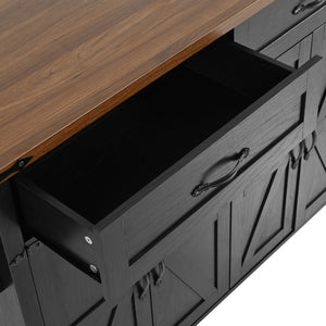 English Elm K&k Farmhouse Rolling Kitchen Island with Drop Leaf Power Outlets and Storage Cabinet Black N707S170348B