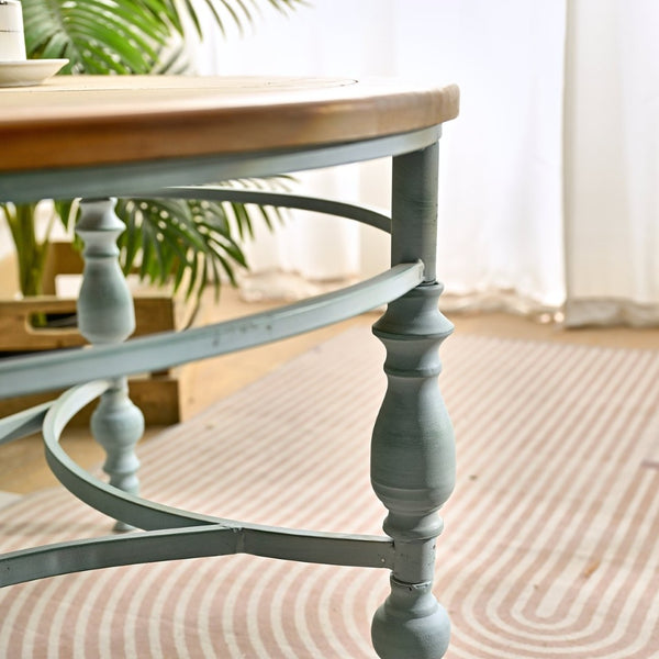 English Elm 31.50" Hand-carved Distressed Wood Round Coffee Table with Metal Legs for Living Room W3933P379162