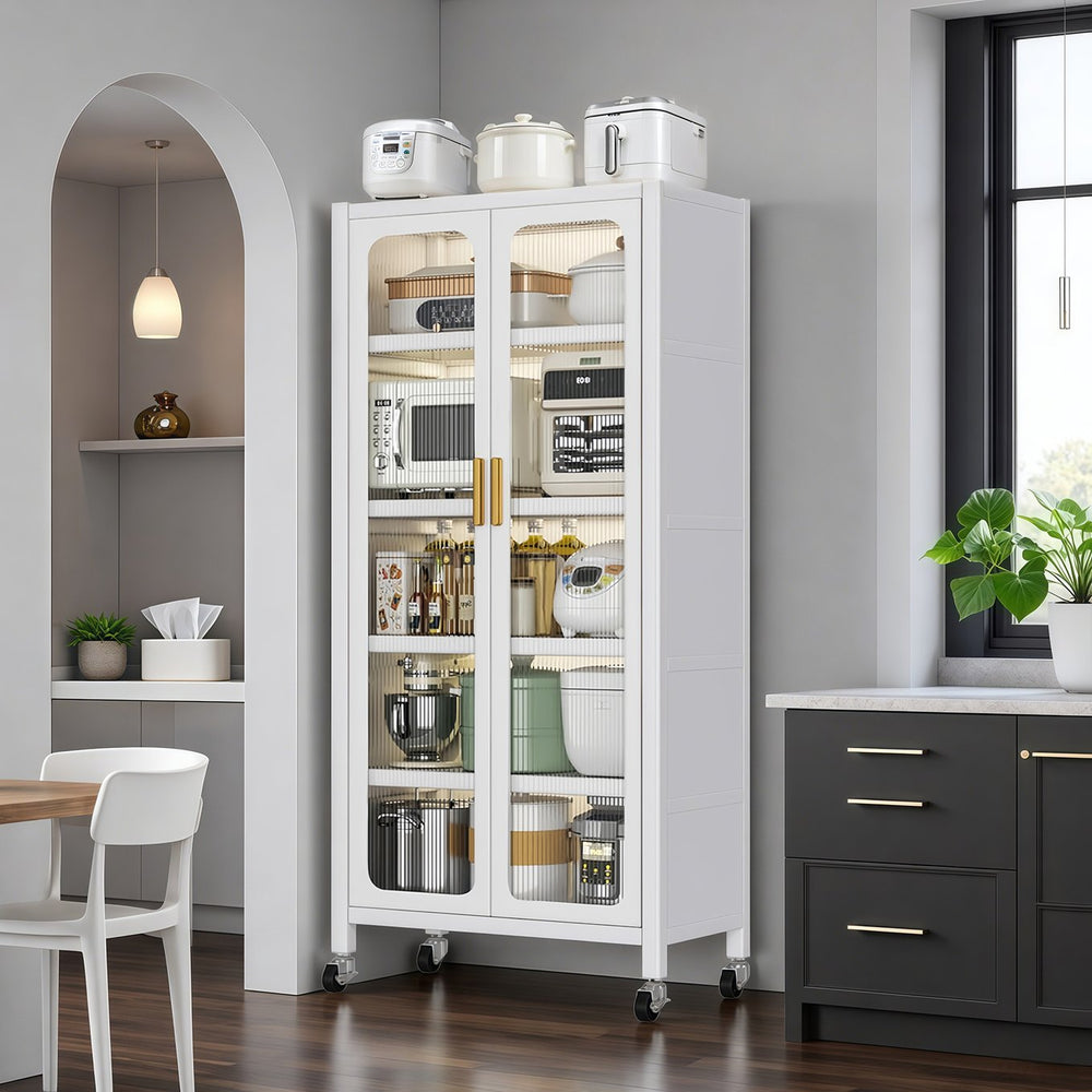 English Elm 65" Kitchen Pantry Cabinet with Transparent Double Doors, 6-Tier Adjustable Metal Shelves on Wheels, White Durable Storage Solution W3204P383016