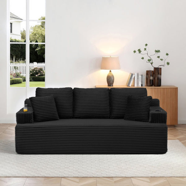 English Elm Boneless Floor Sofa Corduroy Upholstered 5 Seat Low Profile with Cup Holders for Living Room Black W1117S00435
