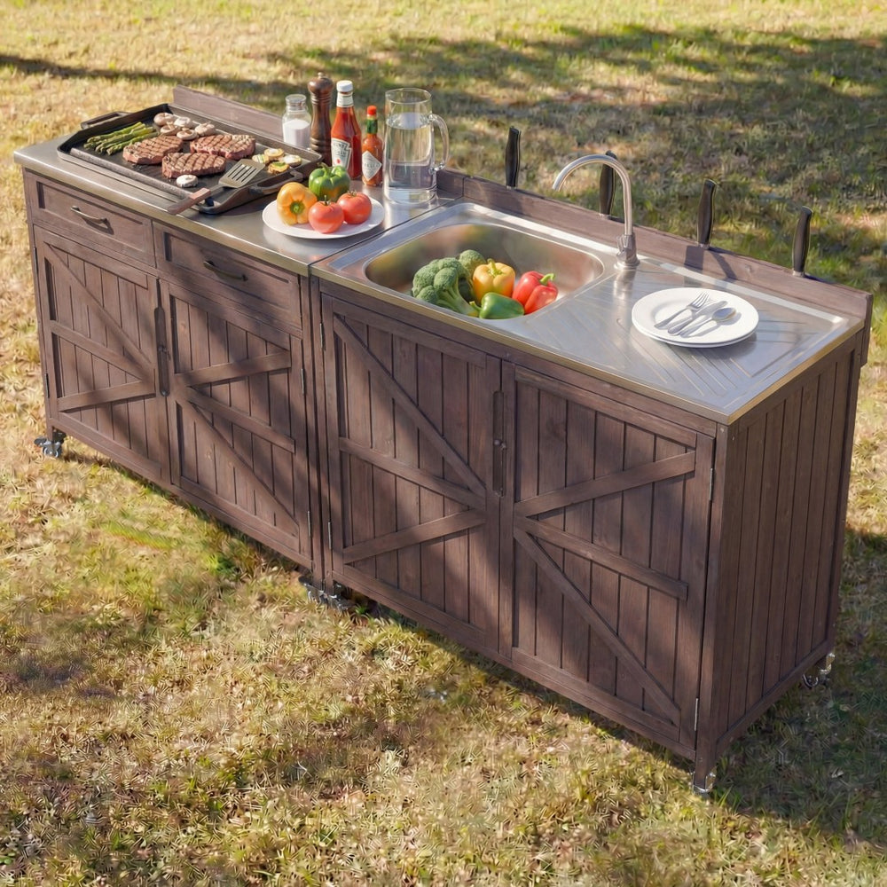 English Elm K&k Outdoor Modular Kitchen Island 2 Piece Fir Wood Stainless Steel Sink Station N707S000024Z