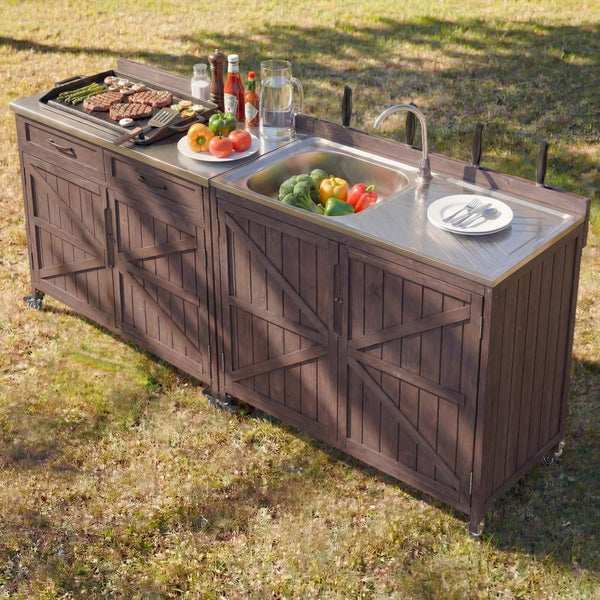 English Elm K&k Outdoor Modular Kitchen Island 2 Piece Fir Wood Stainless Steel Sink Station N707S000024Z