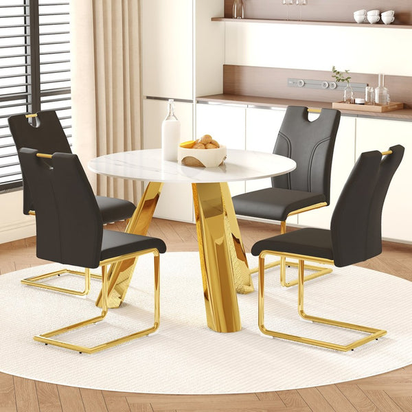 English Elm Table 5-Piece Set: 42-Inch Round Stainless Steel Dining Table With Elegant Black Chairs & Gold Legs W2920S00047-GIGA