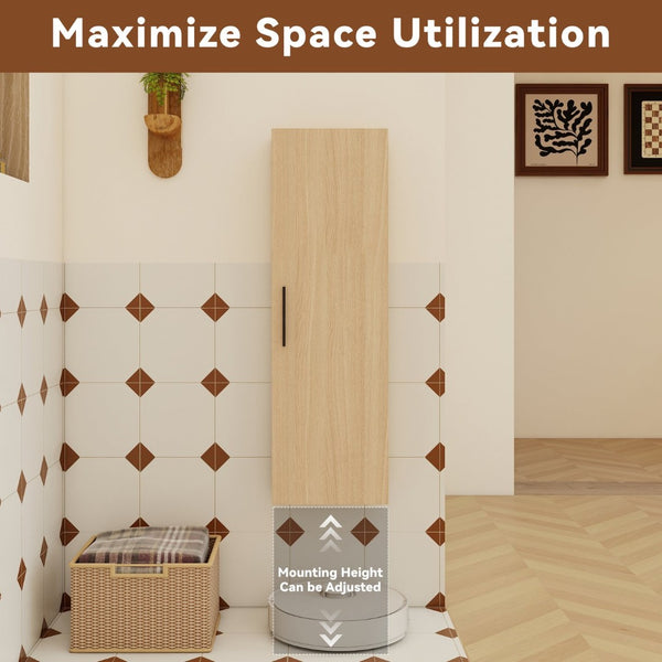 English Elm 12" Wall-mounted Oak Plywood Bathroom Linen Cabinet Slim Floating Single Door Storage W3450P440605