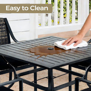 English Elm 5-piece Outdoor Dining Set Square Steel Table Pe Rattan Chairs with Cushions Patio T5880S00023