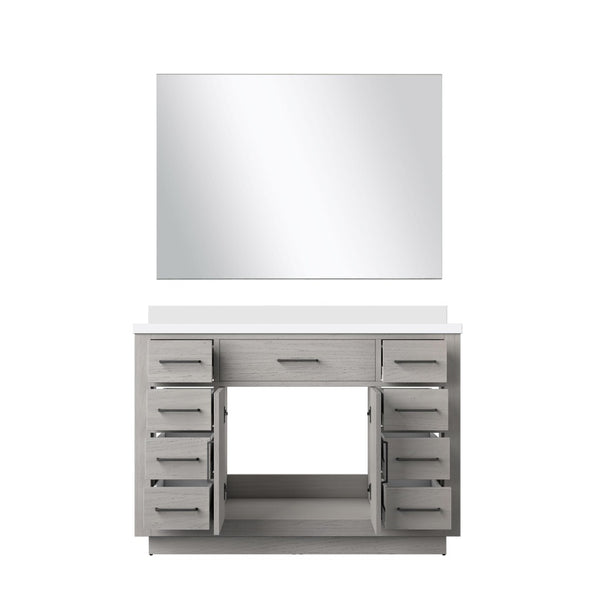 English Elm White Oak Single Bath Vanity With White Quartz Top, 43 In. Mirror, Modern Storage & Style Upgrade B2731S01405-GIGA