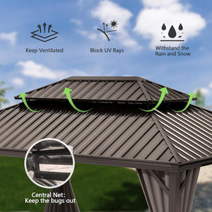 English Elm 13x13ft Hardtop Gazebo Galvanized Steel Vented Double Roof with Curtains Netting Patio Brown W1859S00200