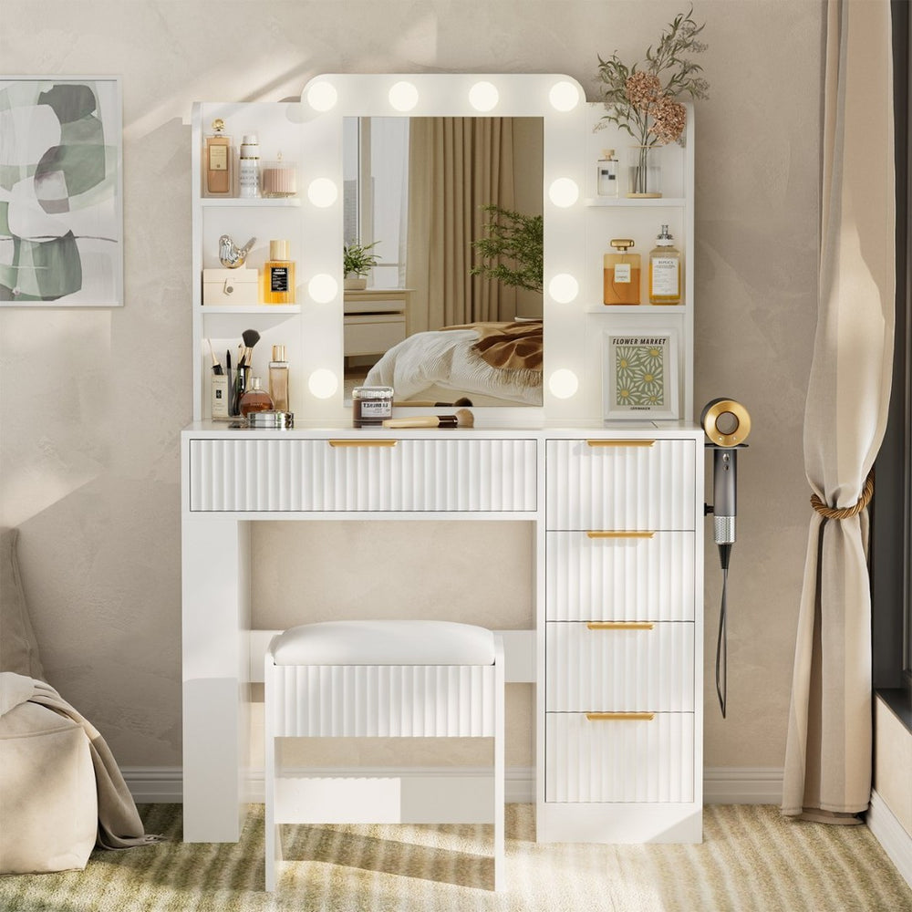 English Elm Vanity Desk Set with Led Mirror Charging Station Five Drawers and Cushioned Stool White T3773P416291