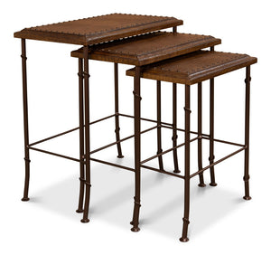 Sarreid Croc Leather Nesting Tables Set Of 3 - Elegant Brown Crocodile Style With Iron, Wood, And Tacks Brown  25953