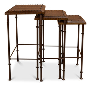 Sarreid Croc Leather Nesting Tables Set Of 3 - Elegant Brown Crocodile Style With Iron, Wood, And Tacks Brown  25953