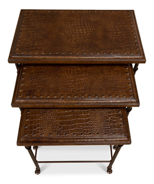 Sarreid Croc Leather Nesting Tables Set Of 3 - Elegant Brown Crocodile Style With Iron, Wood, And Tacks Brown  25953