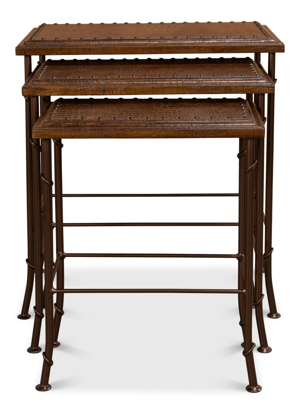 Sarreid Croc Leather Nesting Tables Set Of 3 - Elegant Brown Crocodile Style With Iron, Wood, And Tacks Brown  25953
