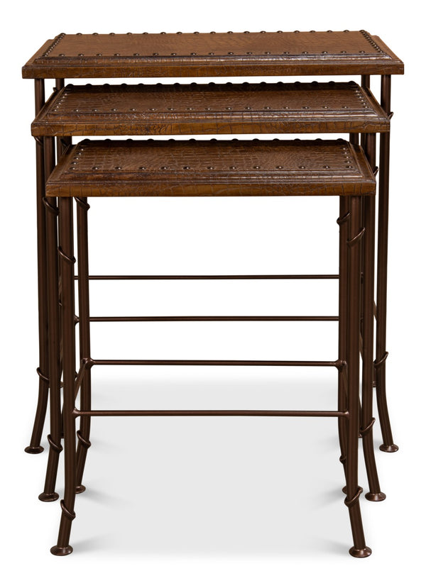Sarreid Croc Leather Nesting Tables Set Of 3 - Elegant Brown Crocodile Style With Iron, Wood, And Tacks Brown  25953