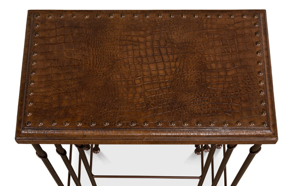Sarreid Croc Leather Nesting Tables Set Of 3 - Elegant Brown Crocodile Style With Iron, Wood, And Tacks Brown  25953