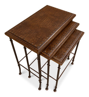 Sarreid Croc Leather Nesting Tables Set Of 3 - Elegant Brown Crocodile Style With Iron, Wood, And Tacks Brown  25953