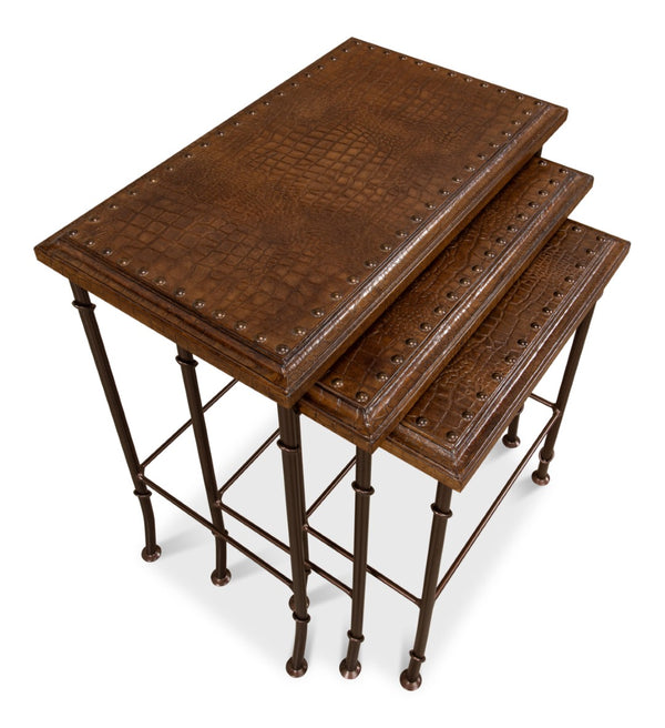 Sarreid Croc Leather Nesting Tables Set Of 3 - Elegant Brown Crocodile Style With Iron, Wood, And Tacks Brown  25953