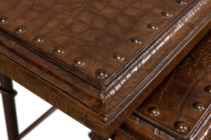 Sarreid Croc Leather Nesting Tables Set Of 3 - Elegant Brown Crocodile Style With Iron, Wood, And Tacks Brown  25953