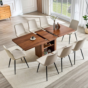 English Elm Scalable Extendable Dining Set with Wood Grain Table and Gray Linen Chairs 8 Piece Walnut+Black,Warm Grey W1151S04719